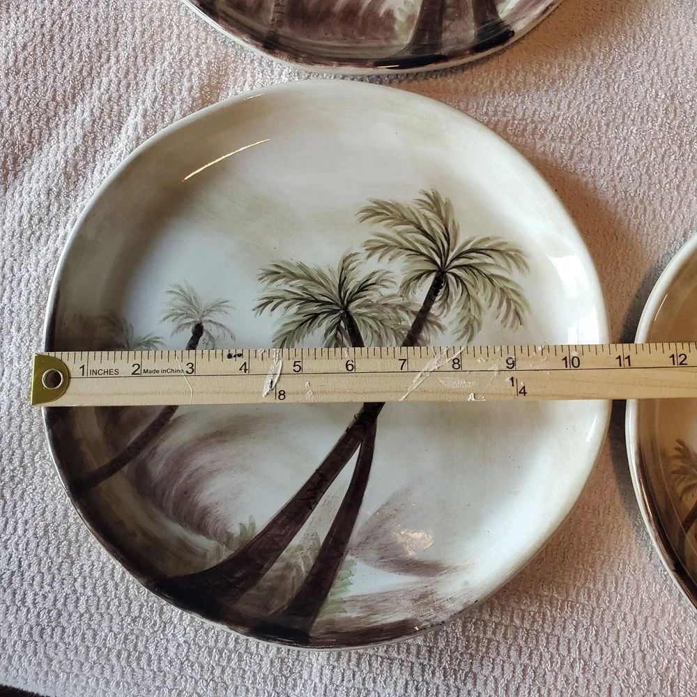 Tabletops Unlimited Bahamas Hand Painted Palm Tree Dinner Plates Set of 4 11in